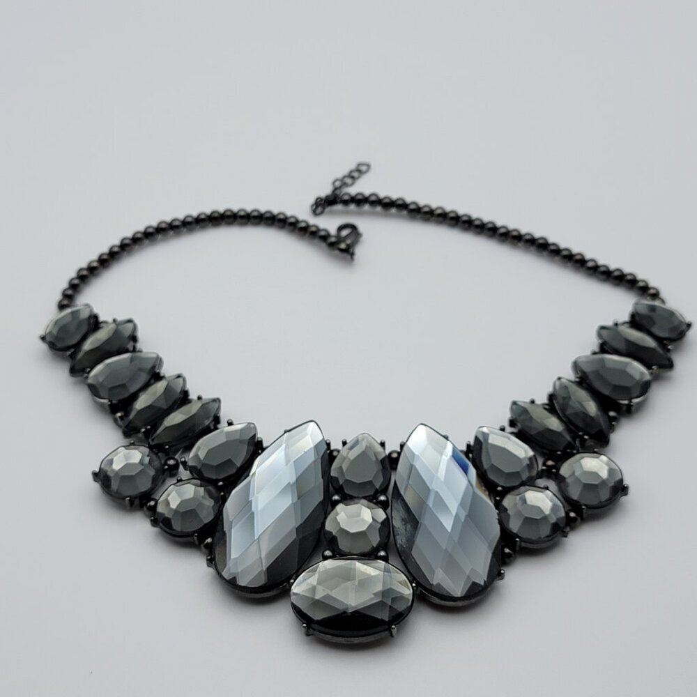 Gunmetal-Tone Gray Faceted Crystal Statement Bib Necklace 15" Lobster Clasp